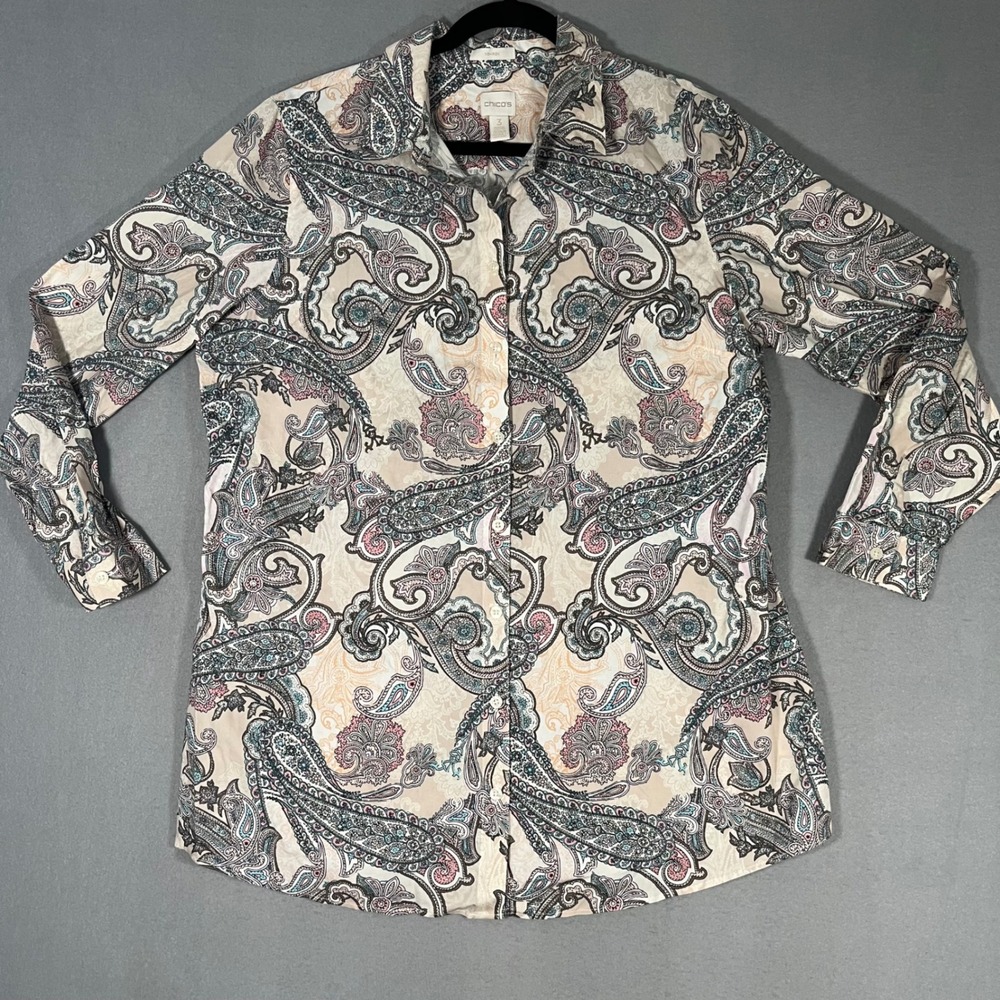 Chicos Paisley Print Button Up Shirt Women Size 3 Long Sleeve No Iron Beige Pink